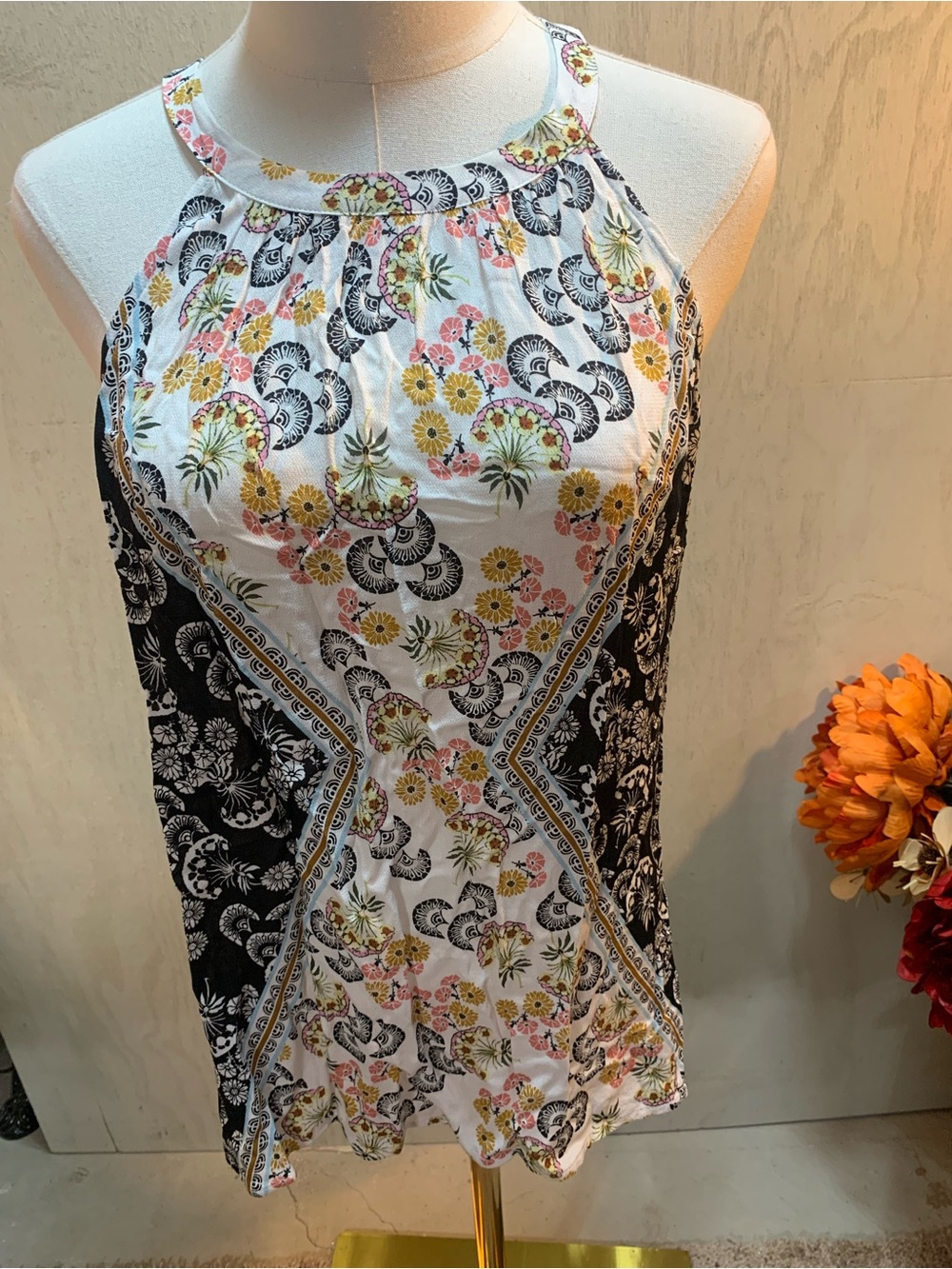 Floral Halter Tank Top in White, Black, Pink & Yellow
